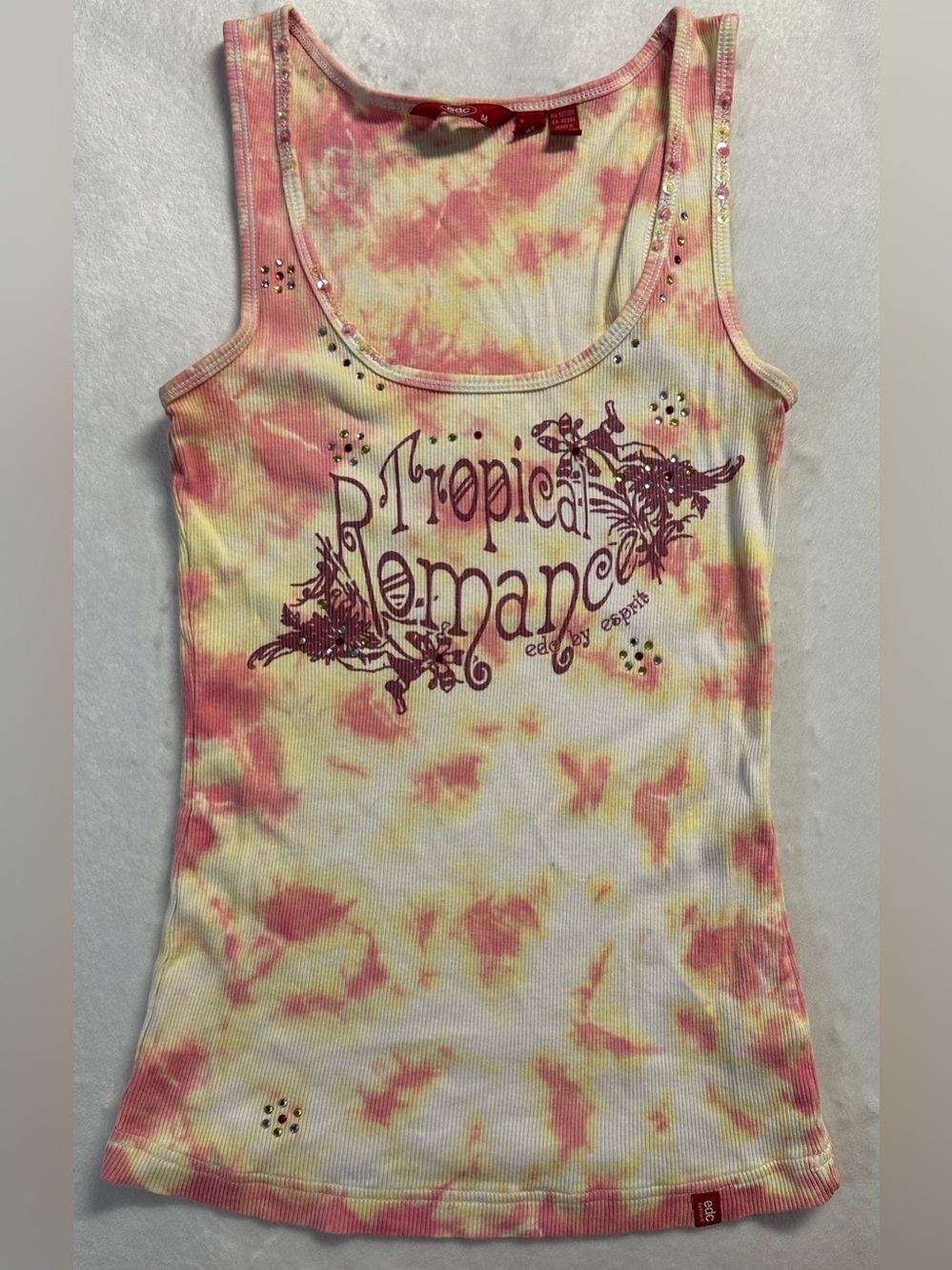 Y2K ESPRIT women's yellow tie-dye "tropical romance" ribbed sequin tank, S.